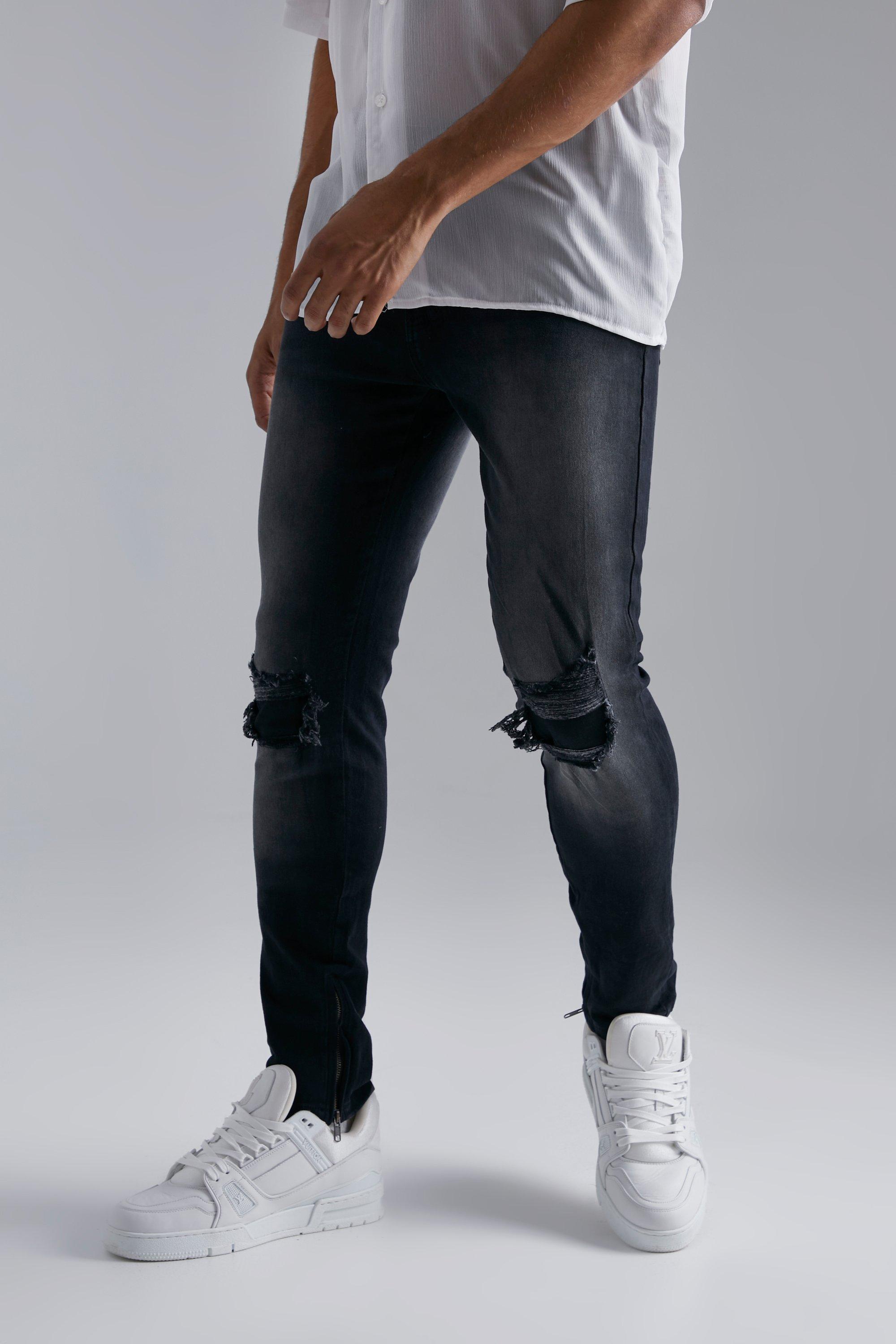 Men's Skinny Stretch Rip And Repair Zips Jeans | Boohoo UK